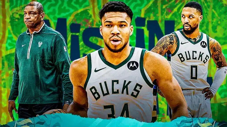 Bucks' Giannis Antetokounmpo, Damian Lillard, and Doc Rivers all looking sad, with SpongeBob Missing Identity title card as the background