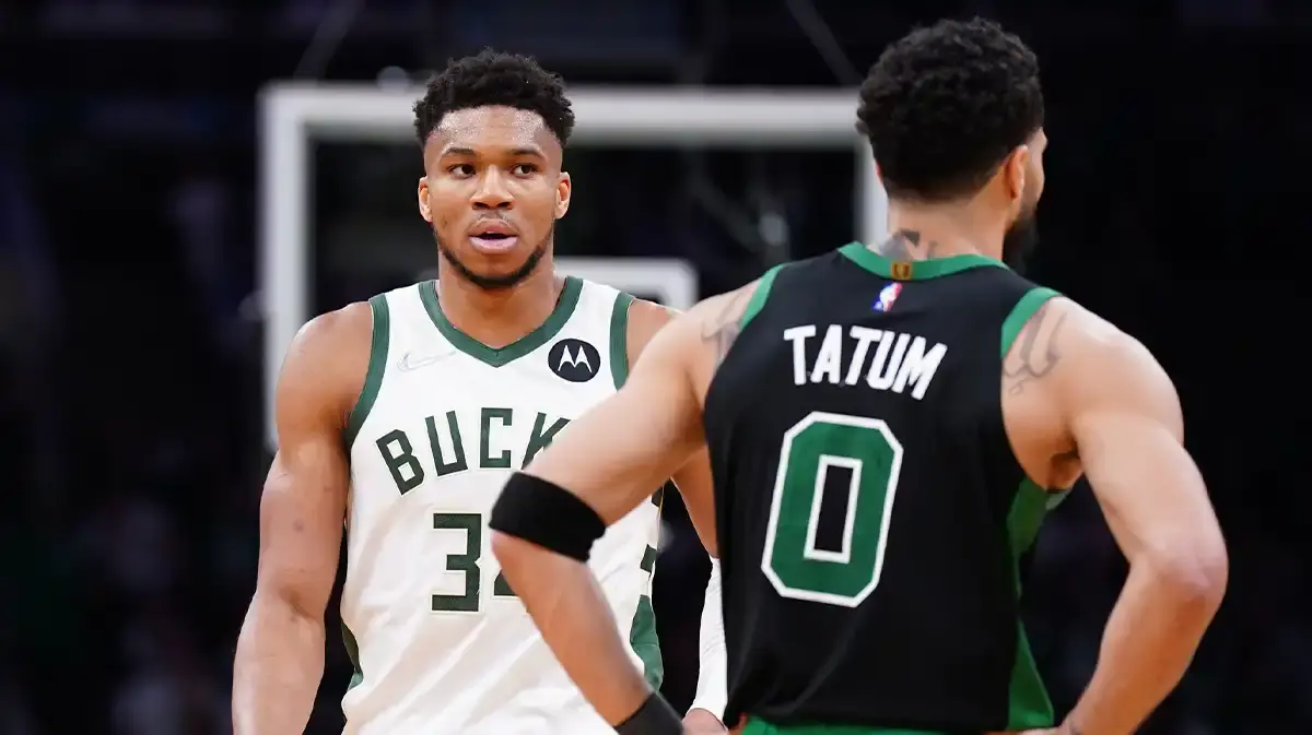 Milwaukee Bucks forward Giannis Antetokounmpo (34) and Boston Celtics forward Jayson Tatum (0) on the court in the second half during game one of the second round for the 2022 NBA playoffs at TD Garden.