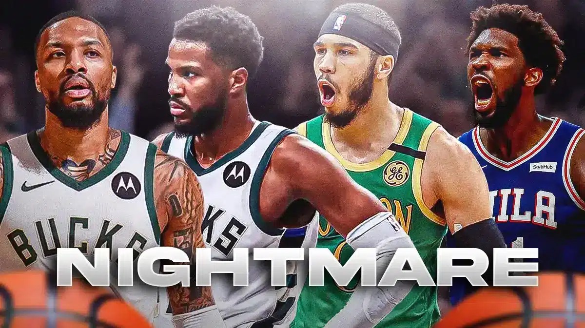 Bucks backcourt Damian Lillard and Malik Beasley with Celtics' Jayson Tatum and 76ers' Joel Embiid