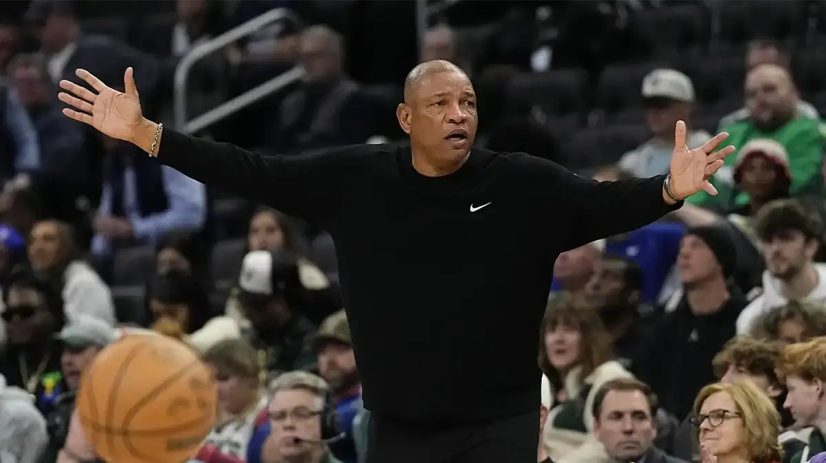 Milwaukee Bucks head coach Doc Rivers reacts to a call during the third quarter against the Minnesota Timberwolves at Fiserv Forum.