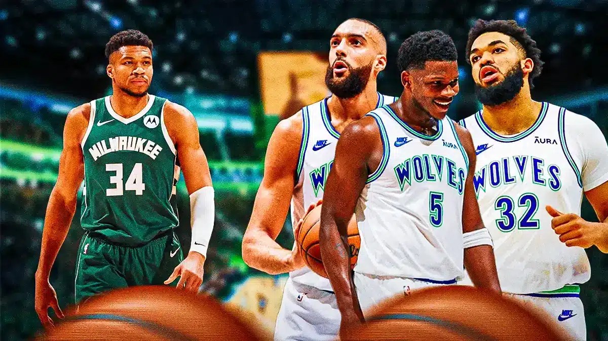 Bucks' Giannis Antetokounmpo and Timberwolves' Rudy Gobert, Anthony Edwards and Karl-Anthony Towns