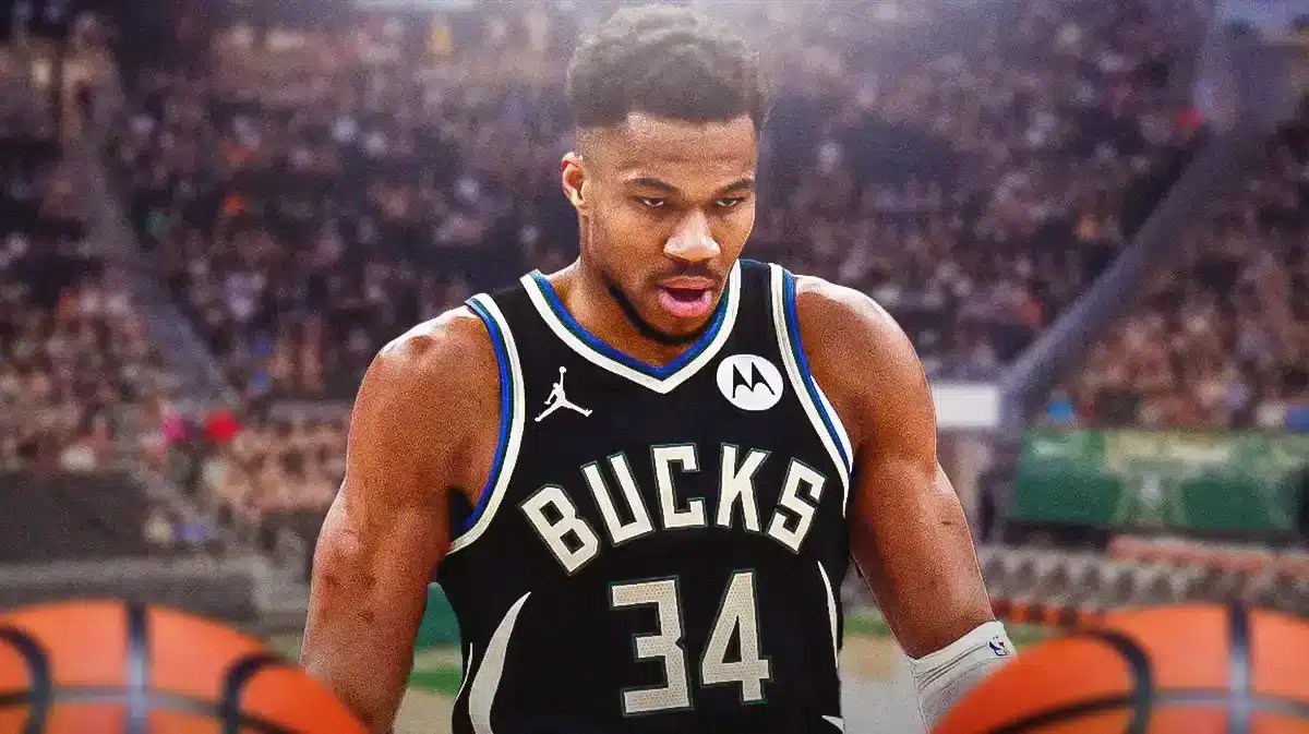 Milwaukee Bucks star Giannis Antetokounmpo in front of the Fiserv Forum.