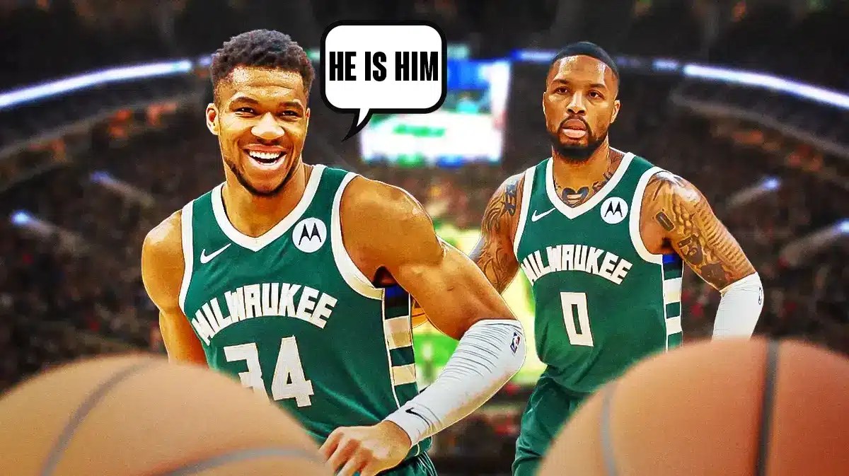 Giannis Antetokounmpo next to Damian Lillard, caption from Giannis saying “He is him” (Milwaukee Bucks)