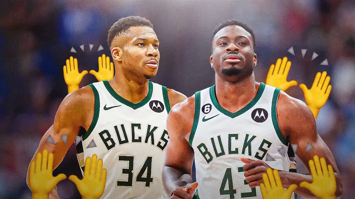 Giannis Antetokounmpo and Thanasis Antetokounmpo with this emoji (🙌🏻) in the background