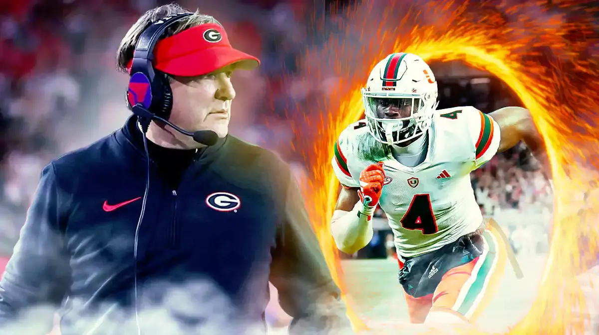 Georgia coach Kirby Smart looking at Miami Hurricanes receiver Colbie Young coming out of the transfer portal
