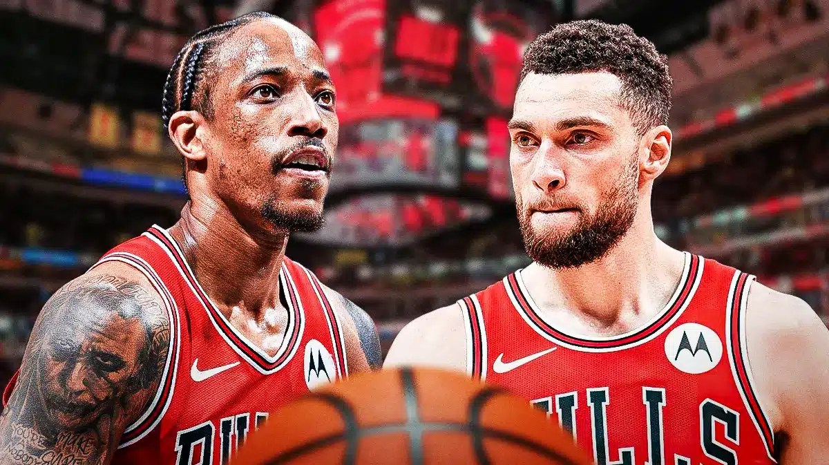 Bulls, Zach LaVine, Billy Donovan, NBA trade deadline, Arturas Karnisovas, Zach LaVine and DeMar DeRozan in Bulls unis with Bulls arena in the background