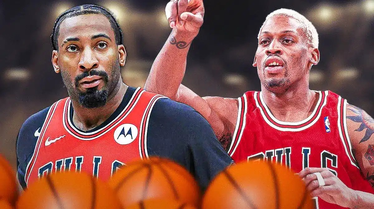 Bulls' Andre Drummond with basketballs, Dennis Rodman