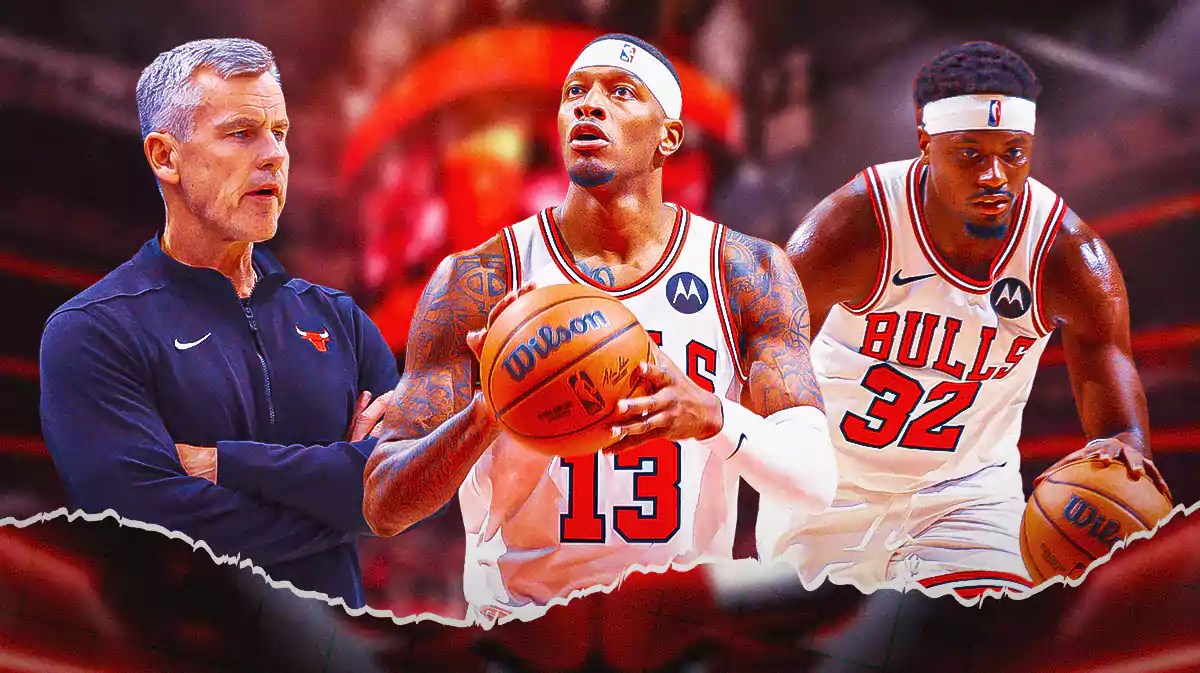 Bulls, Kings, Billy Donovan, Zach LaVine, Patrick Williams, Billy Donovan, Torrey Craig and Terry Taylor (both in Bulls unis) with Bulls arena in the background