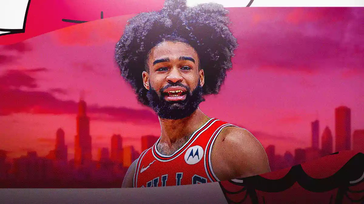 Bulls, Coby White, Coby White Bulls, Billy Donovan, Billy Donovan Bulls, Coby White in Bulls uni with Chicago skyline in the background