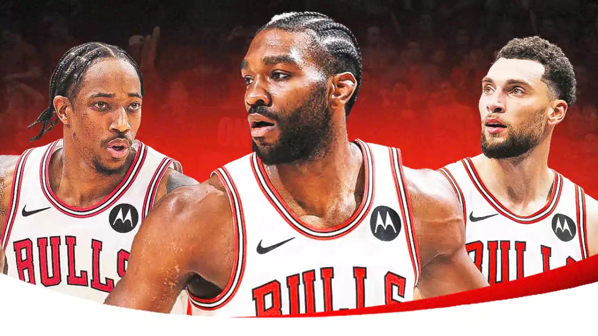 Bulls, DeMar DeRozan, DeMar DeRozan Bulls, Zach LaVine, Bulls injuries, DeMar DeRozan, Patrick Williams and Zach LaVine in Bulls unis with Bulls arena in the background