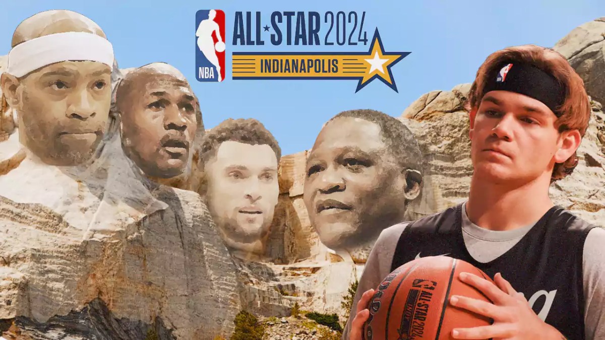 Mt Rushmore with the faces as Michael Jordan, Vince Carter, Zach LaVine and Dominique Wilkins as the heads, have Mac McClung in front and the NBA All-Star Weekend 2024 logo in the background, Bulls