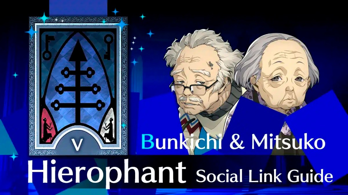 bunkichi mitsuko reload, bunkichi mitsuko, bunkichi social link, bunkichi persona 3 reload, bunkichi guide reload, a picture of bunkichi mitsuko with their arcana to the left and the words hierophant social link guide below