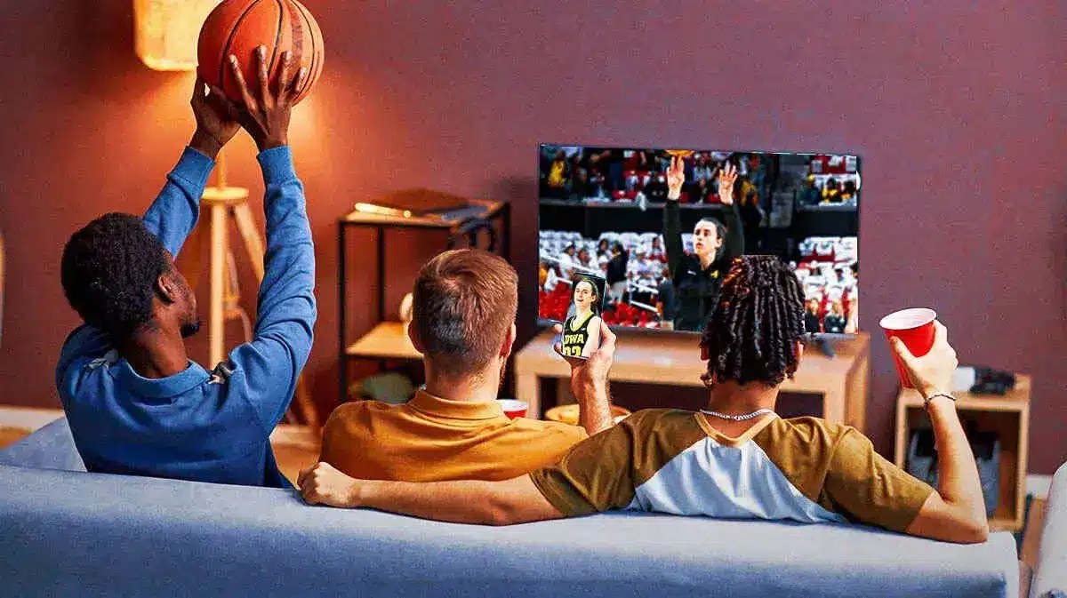 Caitlin Clark (Iowa women's basketball) on the TV and on the phone of the guy