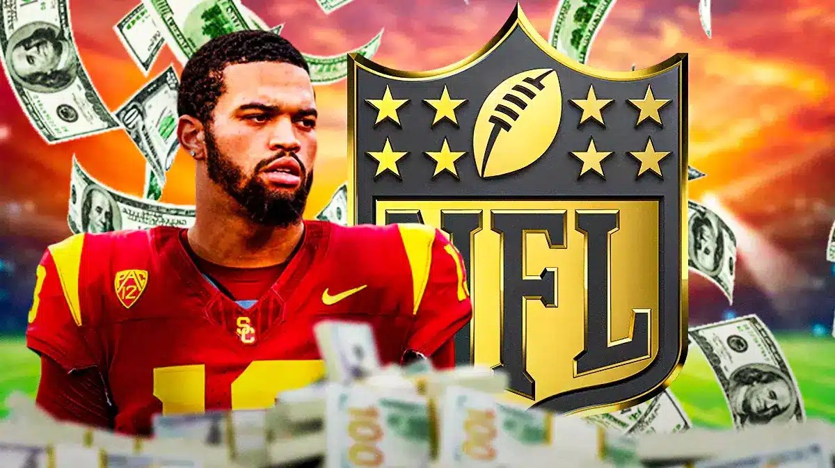 NFL draft and Bears prospect Caleb Williams next to an NFL logo and money all around