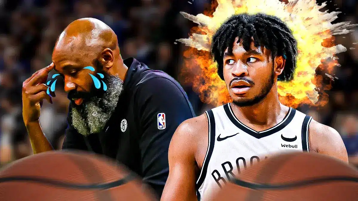 Nets' Cam Thomas with mind-blown head. Jacque Vaughn with animated tears