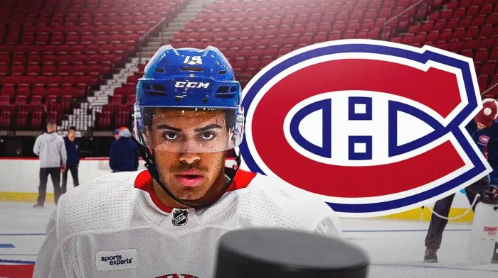 Jayden Struble in middle of image looking stern, first aid kit, MTL Canadiens logo, hockey rink in background