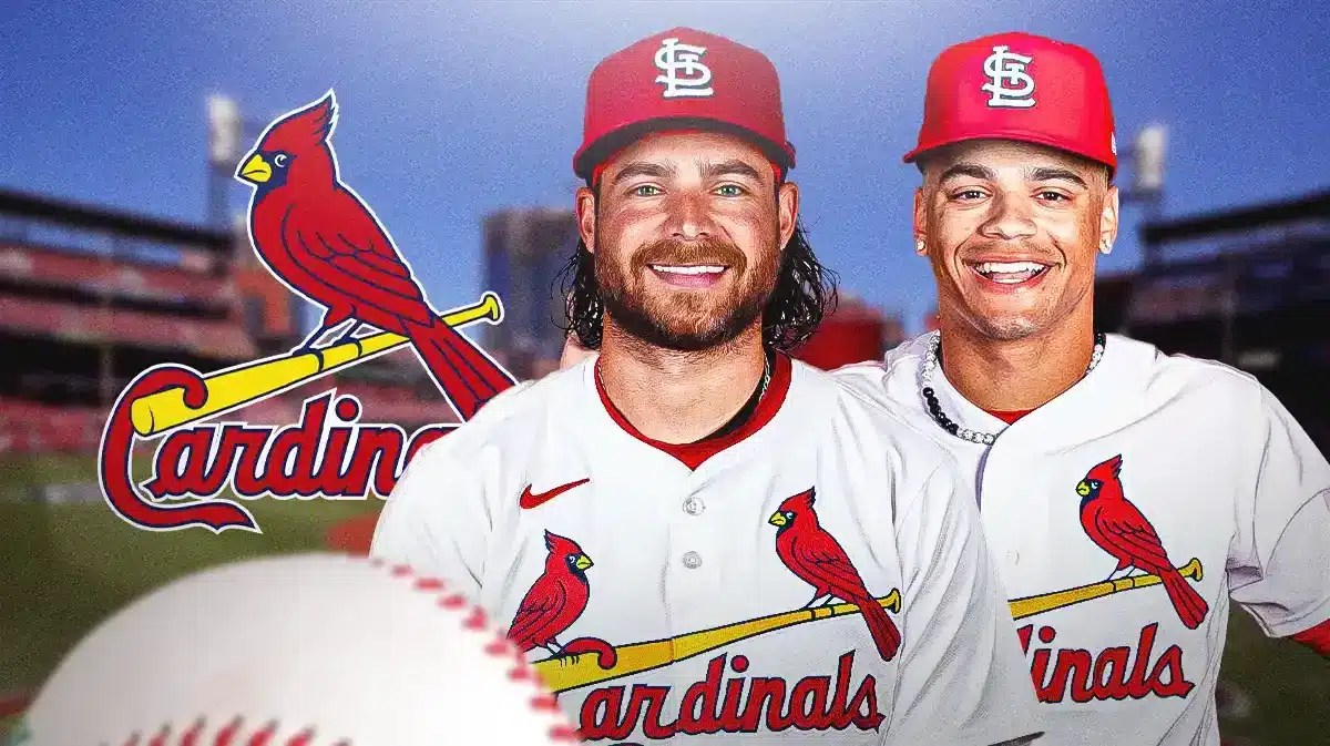 Brandon Crawford wearing a Cardinals jersey next to a Cardinals logo and Masyn Winn. Background is Busch Stadium, thanks