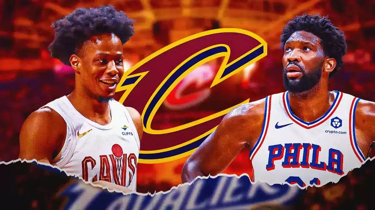 Cavs Isaac Okoro smiling next to upset 76ers Joel Embiid. Cavs logo between them