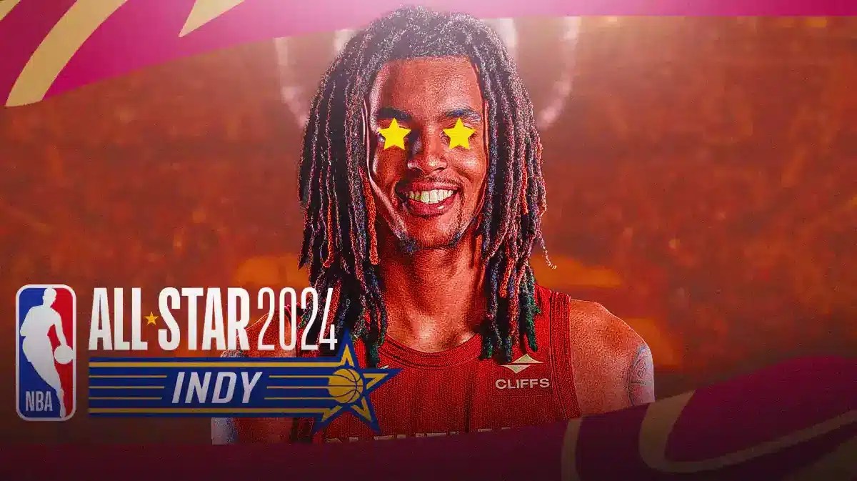 Cavs Emoni Bates with stars in his eyes next to the 2024 NBA All-Star logo
