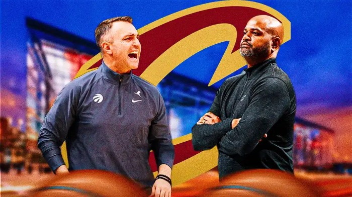 Cavs head coach JB Bickerstaff next to Raptors head coach Darko Rajakovic