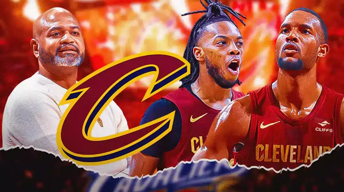 Cavs JB Bickerstaff next to Darius Garland and Evan Mobley