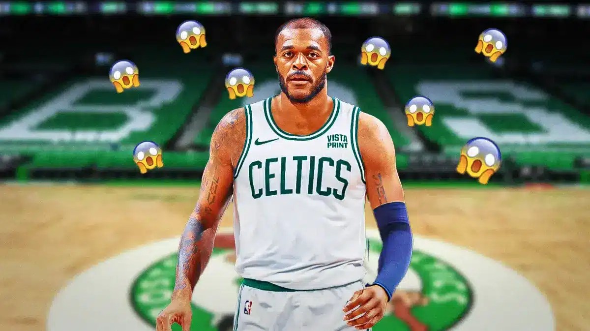 Former Grizzlies big man Xavier Tillman in Celtics uniform with shocked emojis around him