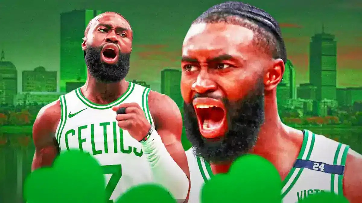 Boston Celtics star Jaylen Brown in front of TD Garden.