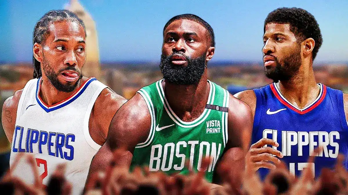 Jaylen Brown shooting a basketball with Kawhi Leonard (in a clippers jersey) to the left of him and Paul George (in a clippers jersey) to the right of him on an Indianapolis skyline background