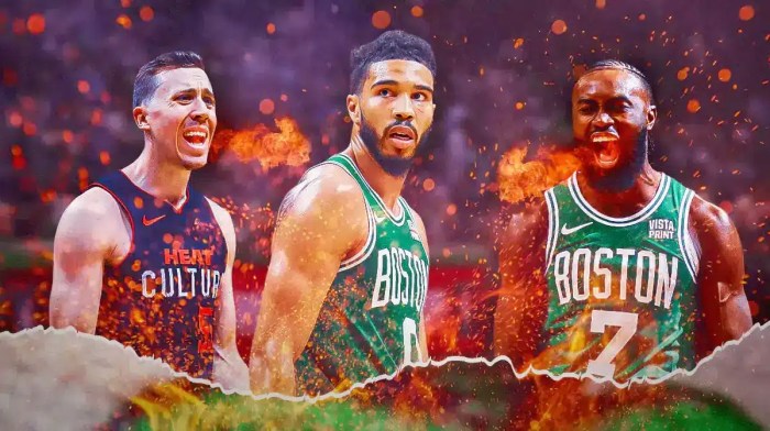 Jayson Tatum watching Duncan Robinson and Jaylen Brown breathing fire