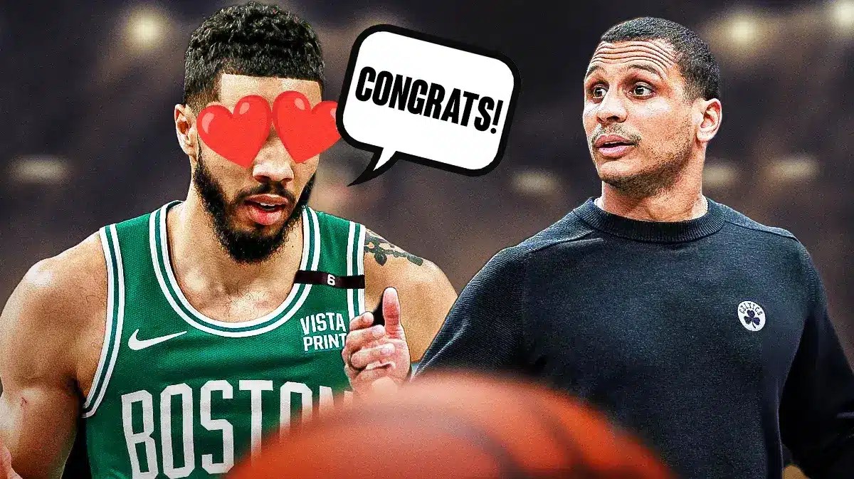 Jayson Tatum with heart eyes saying “Congrats!” to Joe Mazzulla