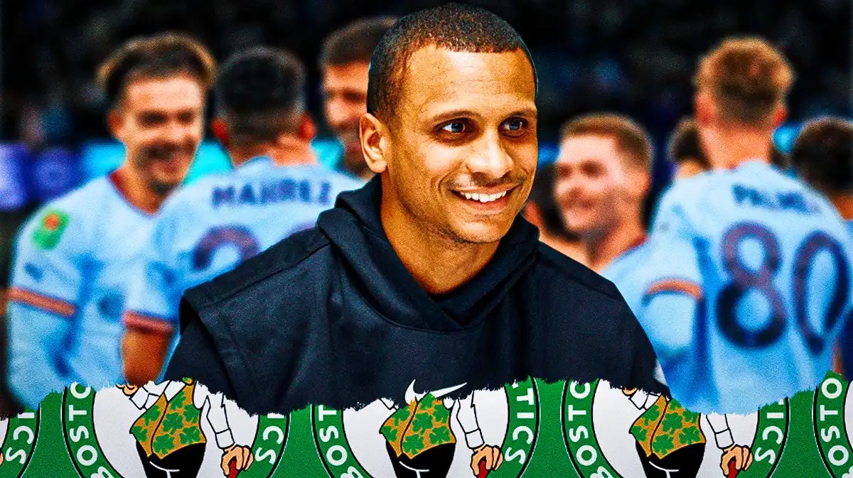 Celtics coach Joe Mazzulla with Manchester City players behind him.