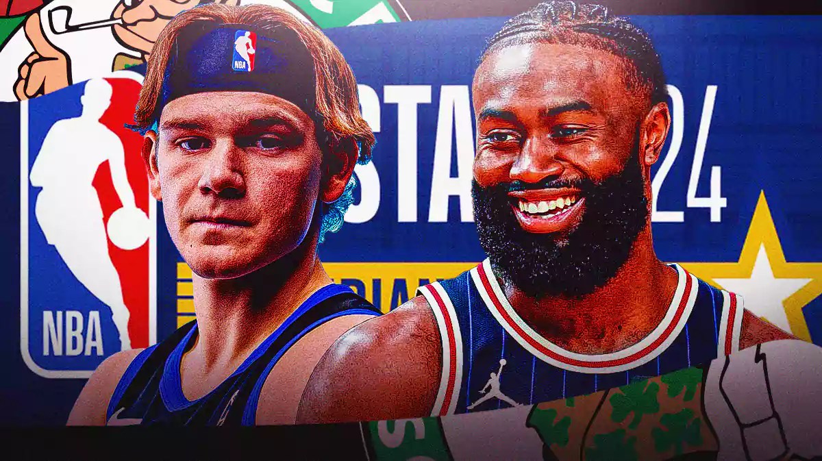 Mac McClung alongside Jaylen Brown with the 2024 NBA All-Star logo in the background, Celtics Dunk Contest