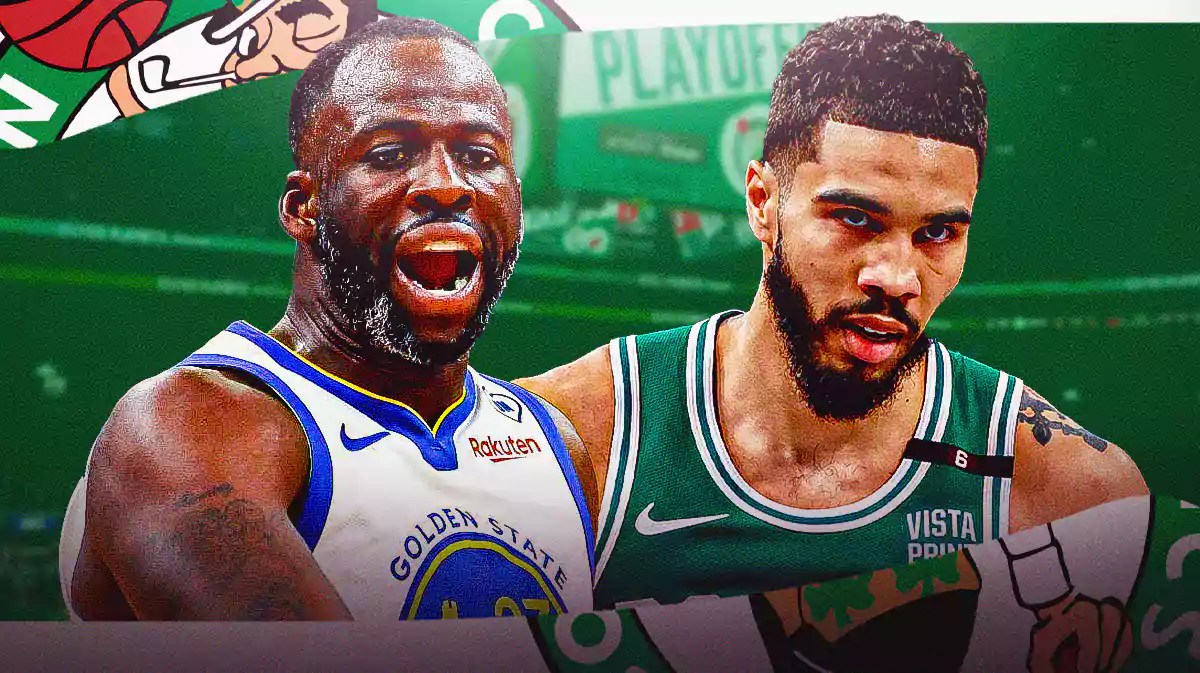 Jayson Tatum opposite Draymond Green with the Celtics arena in the background