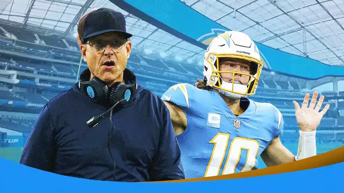 Los Angeles Chargers head coach Jim Harbaugh and Justin Herbert in front of SoFi Stadium.
