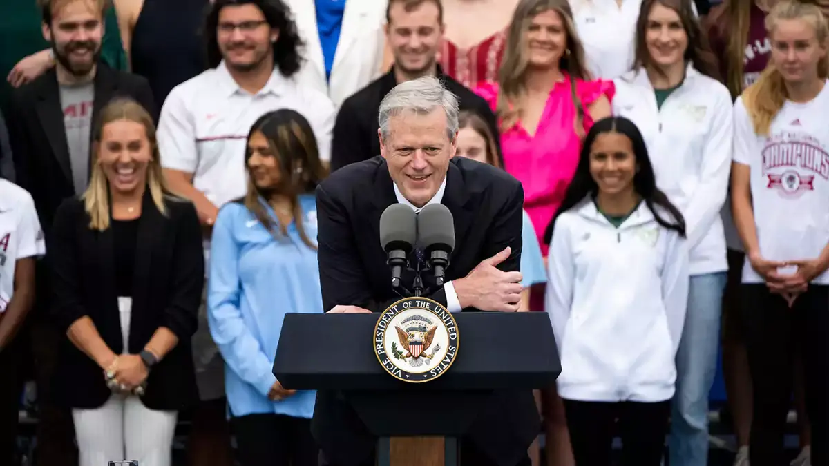 Charlie Baker, President of the NCAA & former Governor of Massachusetts, speaks during College Athlete Day at the White House. The achievements of the women and men NCAA championship teams from the 2022-2023 season were celebrated..