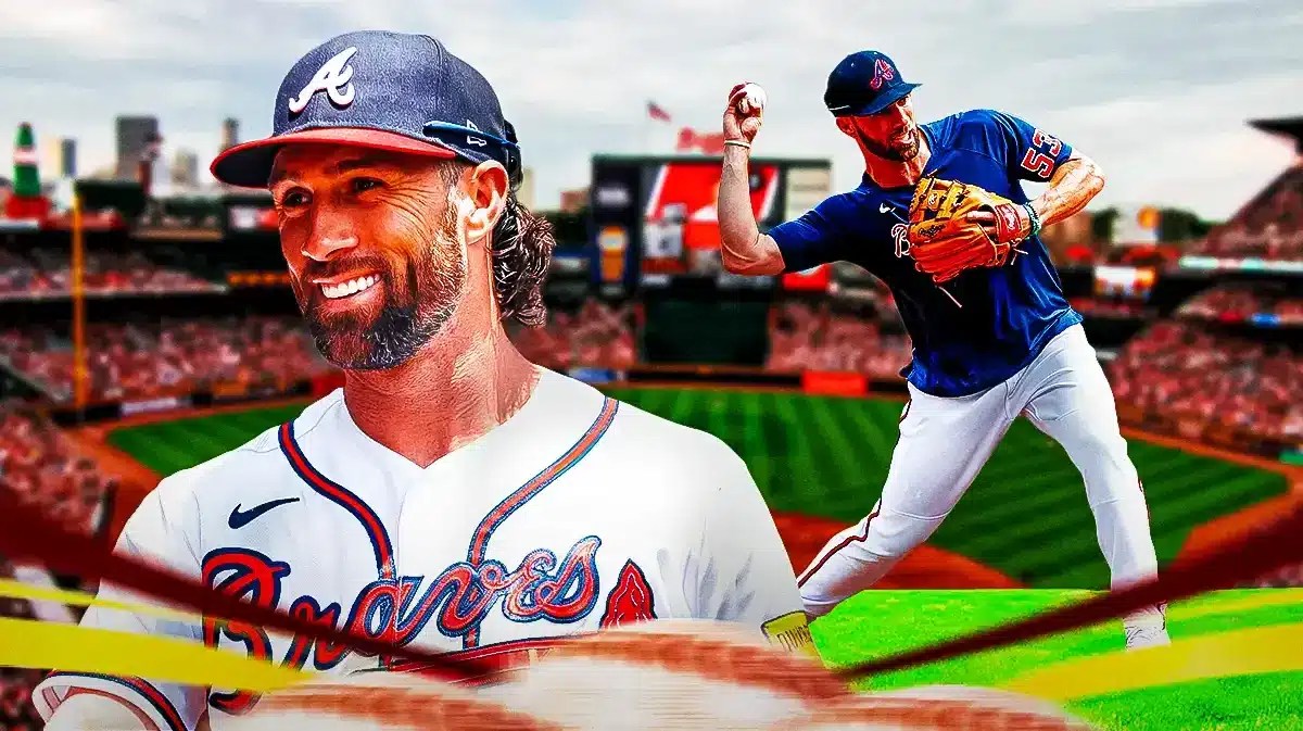 Braves' Charlie Culberson standing on a pitching mound at Truist Park. Have him throwing a baseball.