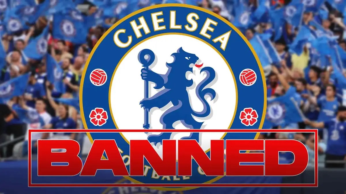 fans in a stadium, the Chelsea logo in front of them, a ‘BANNED’ stamp on the bottom