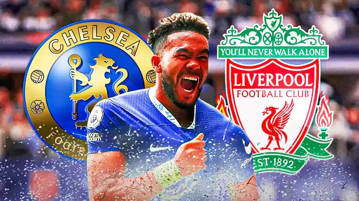 Reece James in front of the Chelsea and Liverpool logo