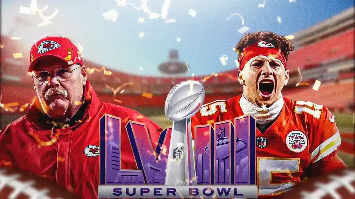 Andy Reid, Patrick Mahomes, Super Bowl 58 with confetti