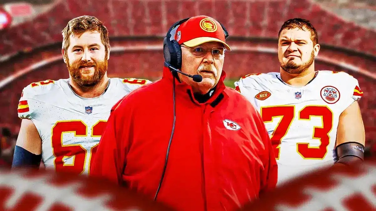 Kansas City Chiefs head coach Andy Reid with offensive linemen Joe Thuney and Nick Allegretti