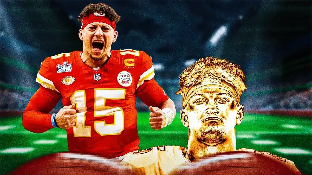 Kansas City Chiefs quarterback Patrick Mahomes next to a Hall of Fame bust