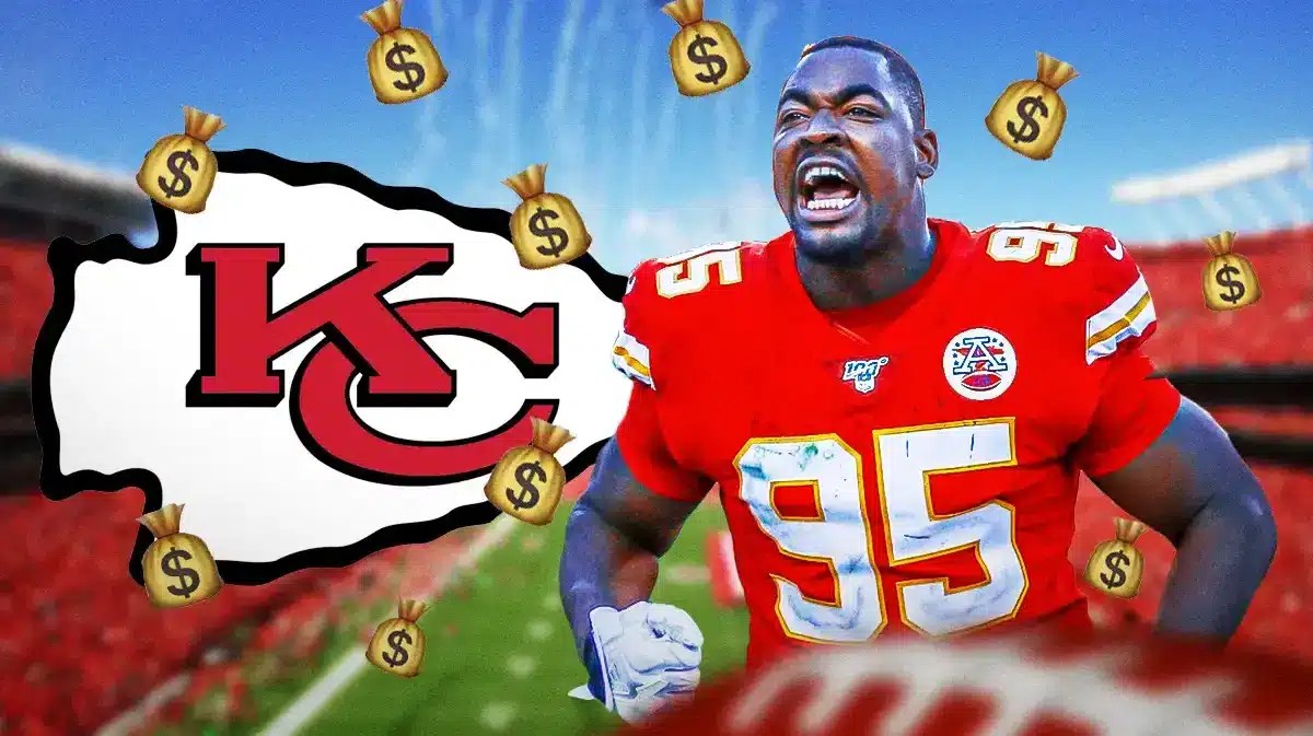 Chris Jones excited yelling next to a Chiefs logo at Arrowhead Stadium with moneybags floating around