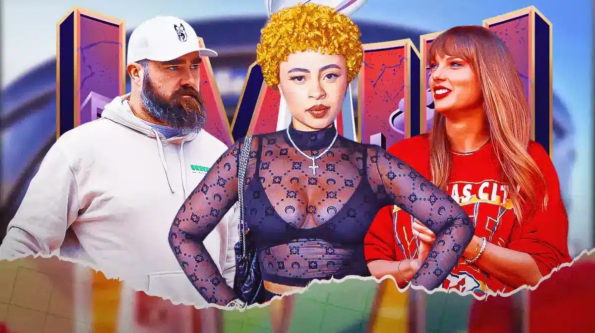 Jason Kelce in street clothes, Ice Spice, Taylor Swift. Super Bowl 58 logo