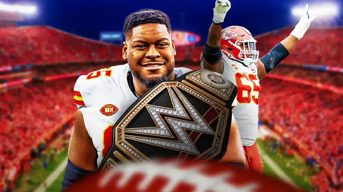 Kansas City Chiefs star Trey Smith holding a WWE championship belt in front of Arrowhead Stadium.
