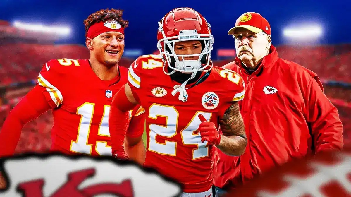 Chiefs' Patrick Mahomes, Skyy Moore, Andy Reid