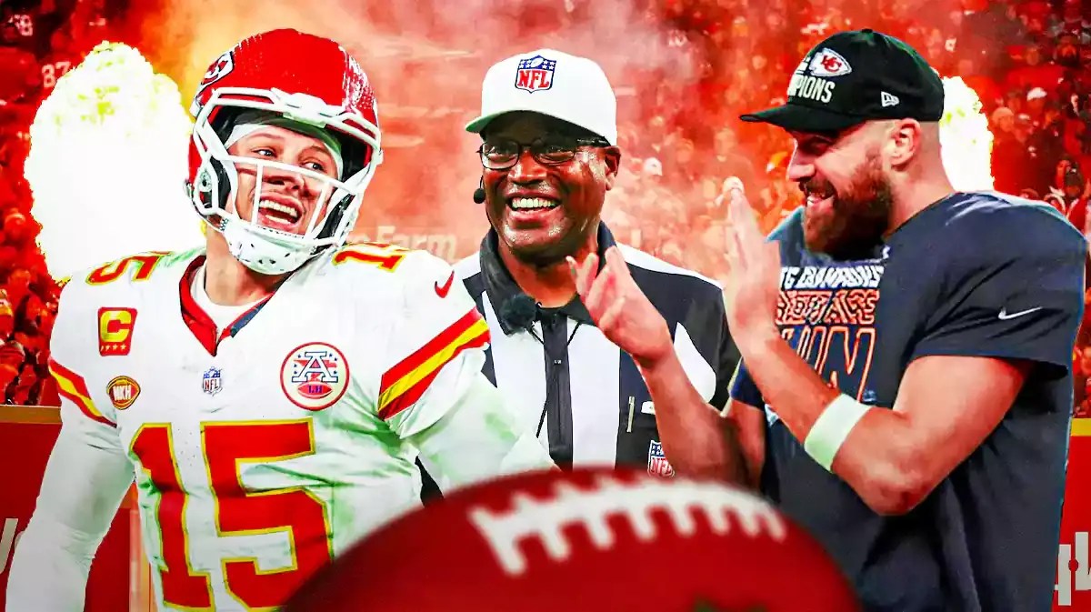 Kansas City Chiefs Patrick Mahomes and Travis Kelce, with a smiling NFL official