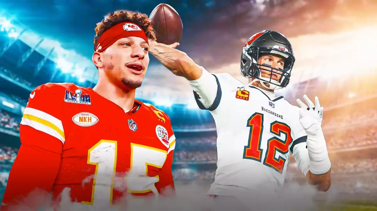 Chiefs' Patrick Mahomes looking at Buccaneers' Tom Brady throwing a football.