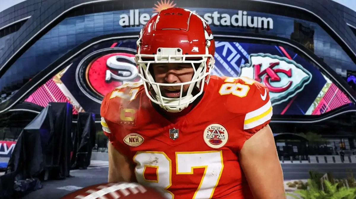 Chiefs TE travis Kelce with Super Bowl stadium in back.