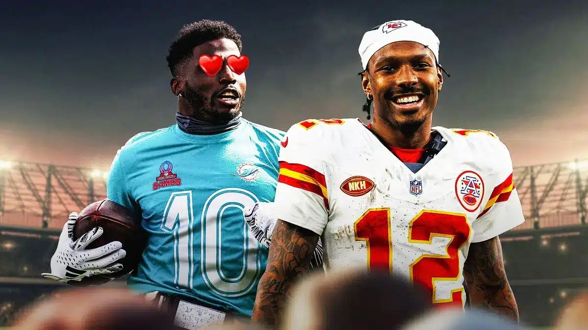 Tyreek Hill with heart eyes looking at Mecole Hardman