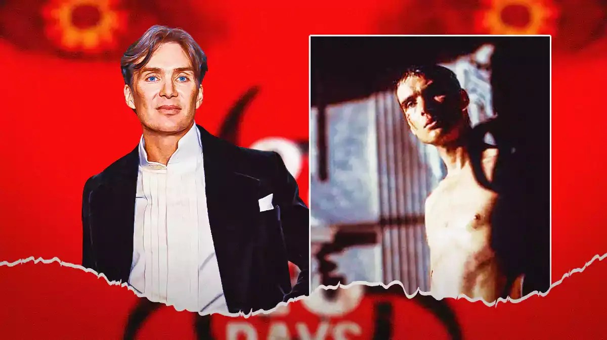 Cillian Murphy, in his role in 28 Days Later, the movie's poster as background